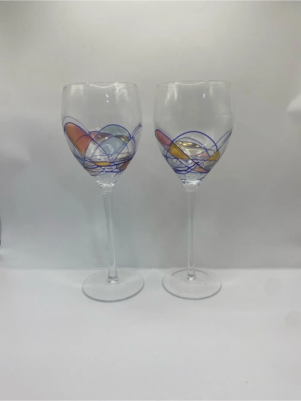 Set of 2 Vintage Mosaic Abstract Stained Glass Design Hand-Blown Wine Glasses